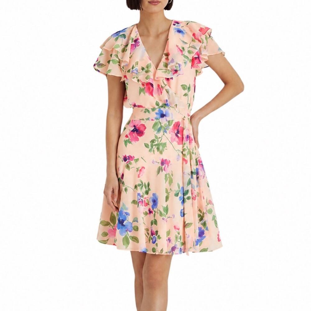 Lauren Ralph Lauren Dress SZ 10 NWT Floral Ruffle Chiffon Pink Georgette Crinkle